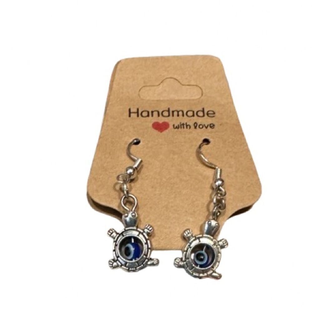Silver Turtle Earrings with Blue Evil Eye